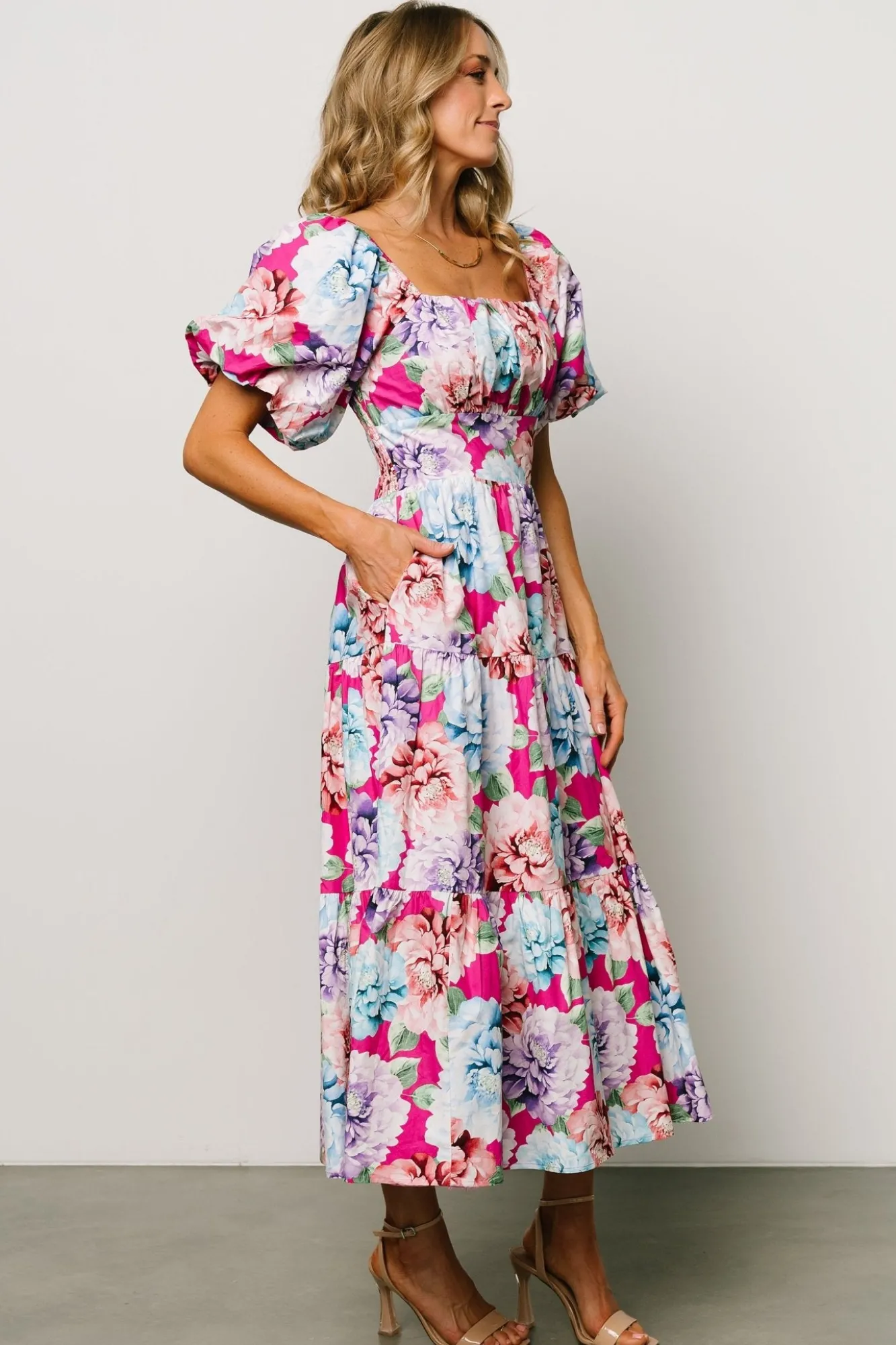 Baltic Born Iva Puff Sleeve Midi Dress | Fuchsia Multi Floral
