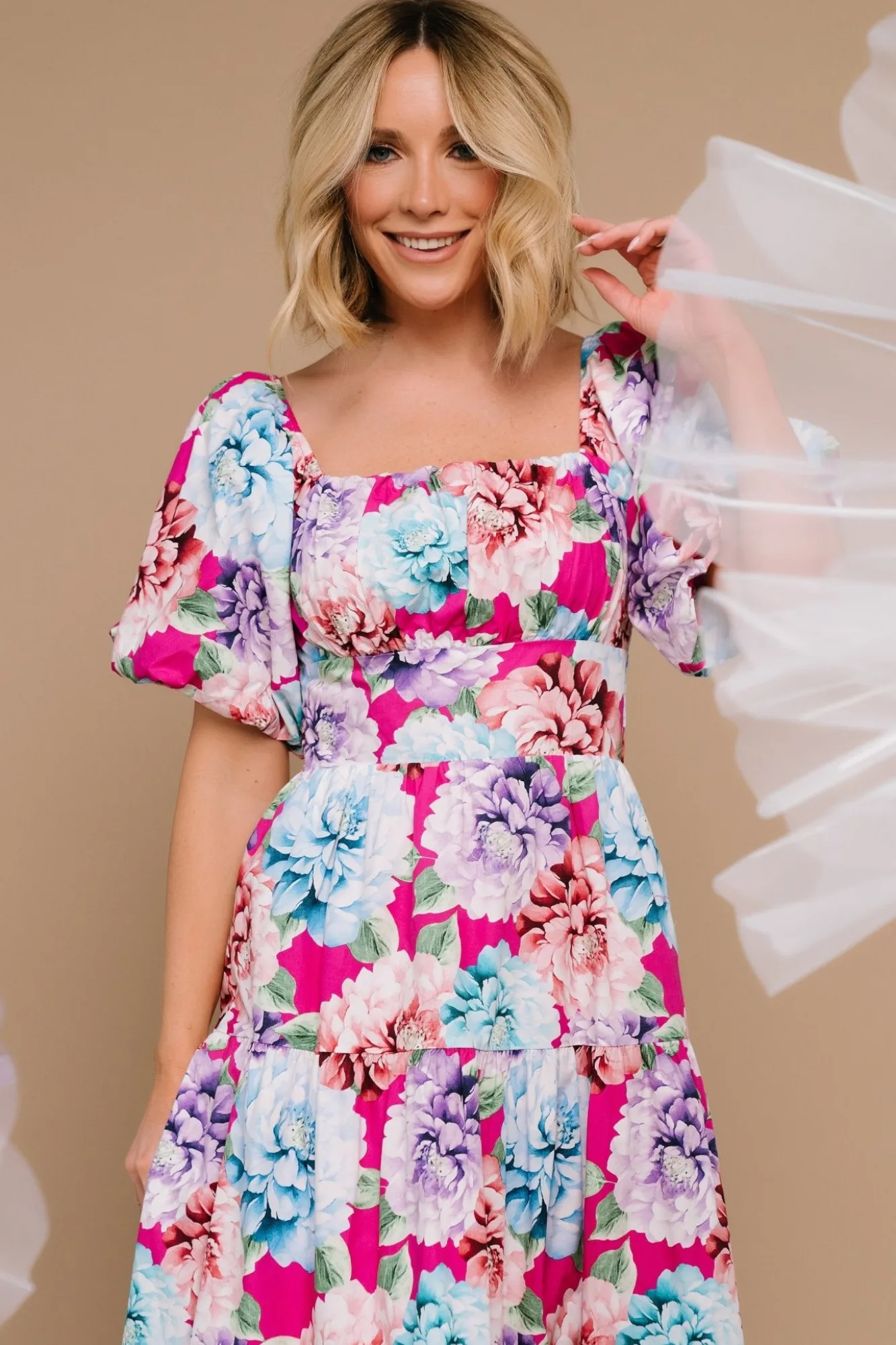 Baltic Born Iva Puff Sleeve Midi Dress | Fuchsia Multi Floral