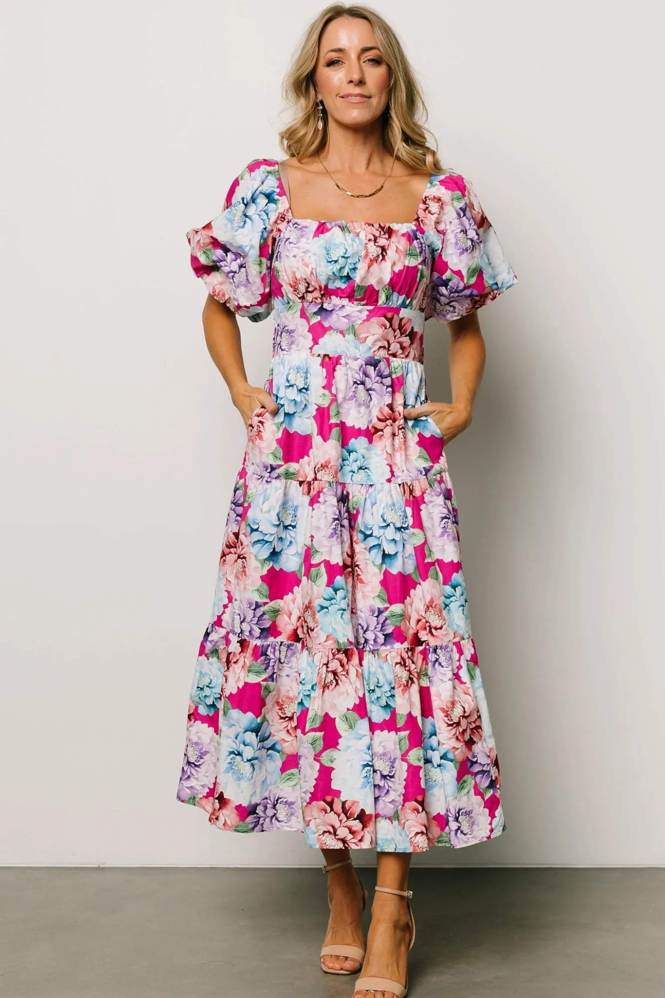 Baltic Born Iva Puff Sleeve Midi Dress | Fuchsia Multi Floral