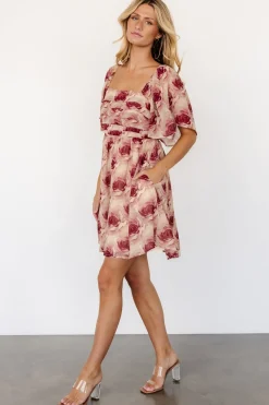 Baltic Born Jaycee Pleated Short Dress | Cream + Burgundy Floral