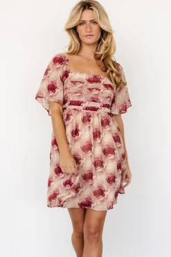 Baltic Born Jaycee Pleated Short Dress | Cream + Burgundy Floral