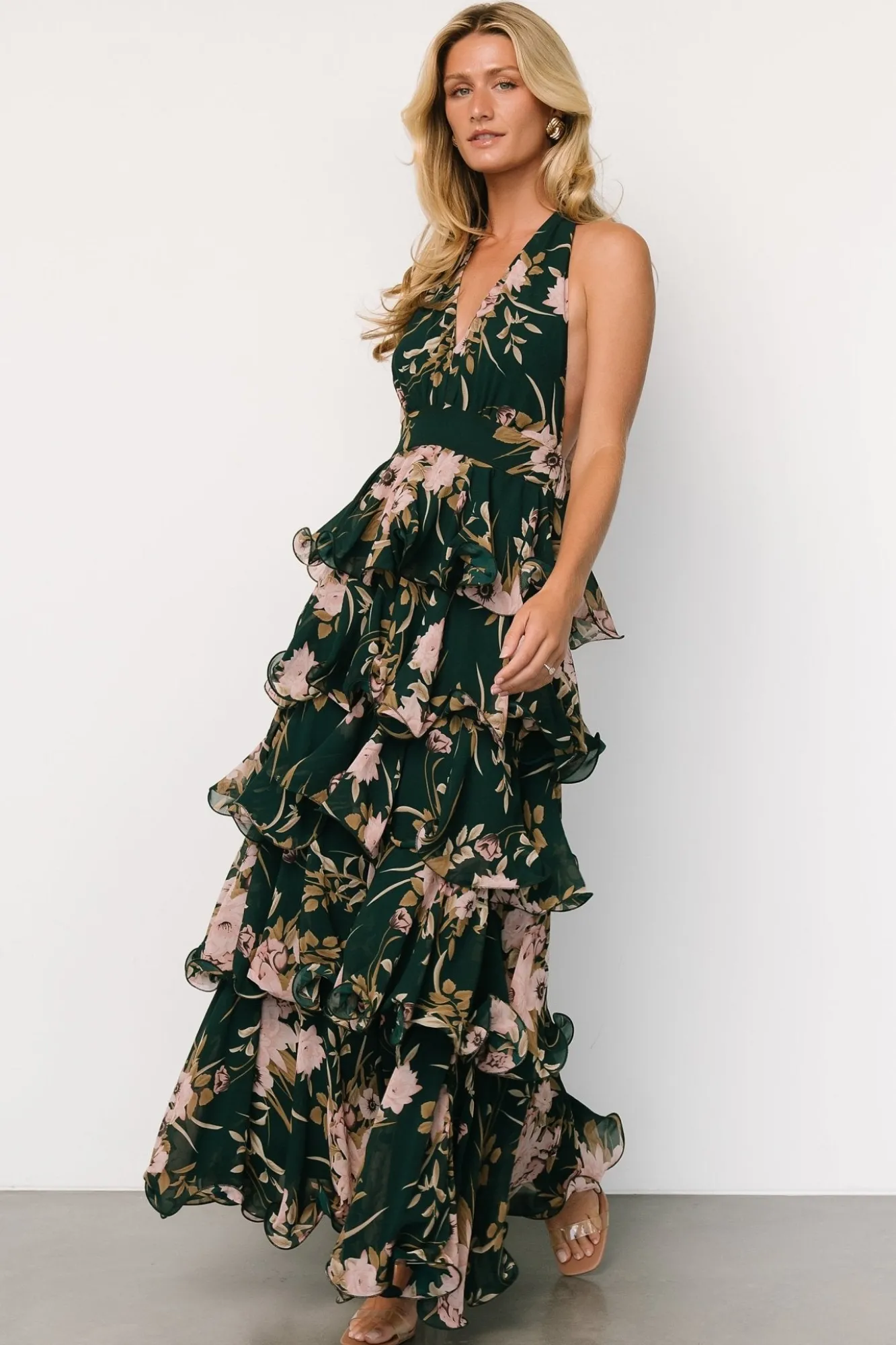 Baltic Born Jesslyn Open Back Tiered Maxi Dress | Green + Pink