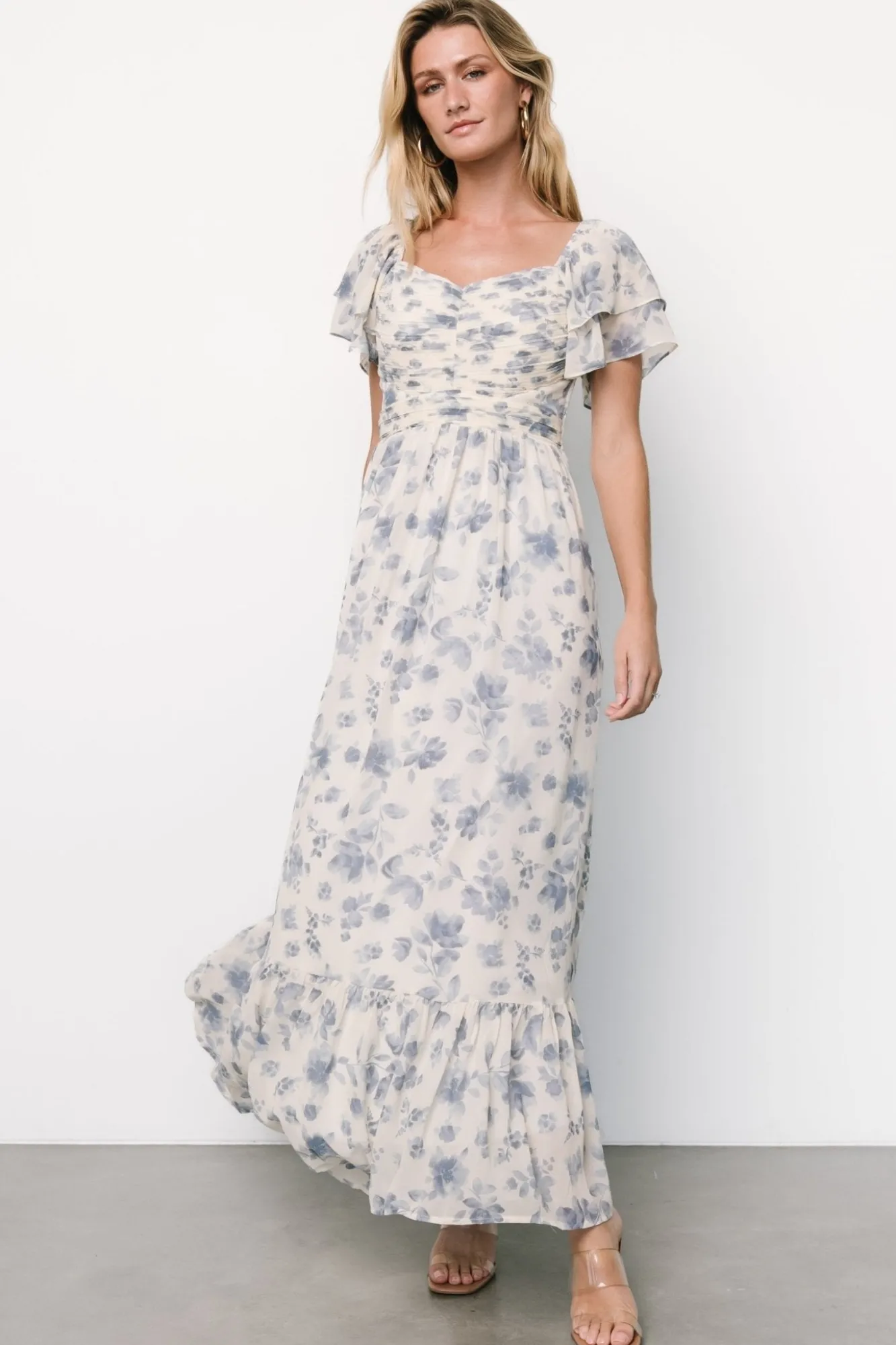 Baltic Born Juliana Pleated Top Dress | Ivory + Blue Floral