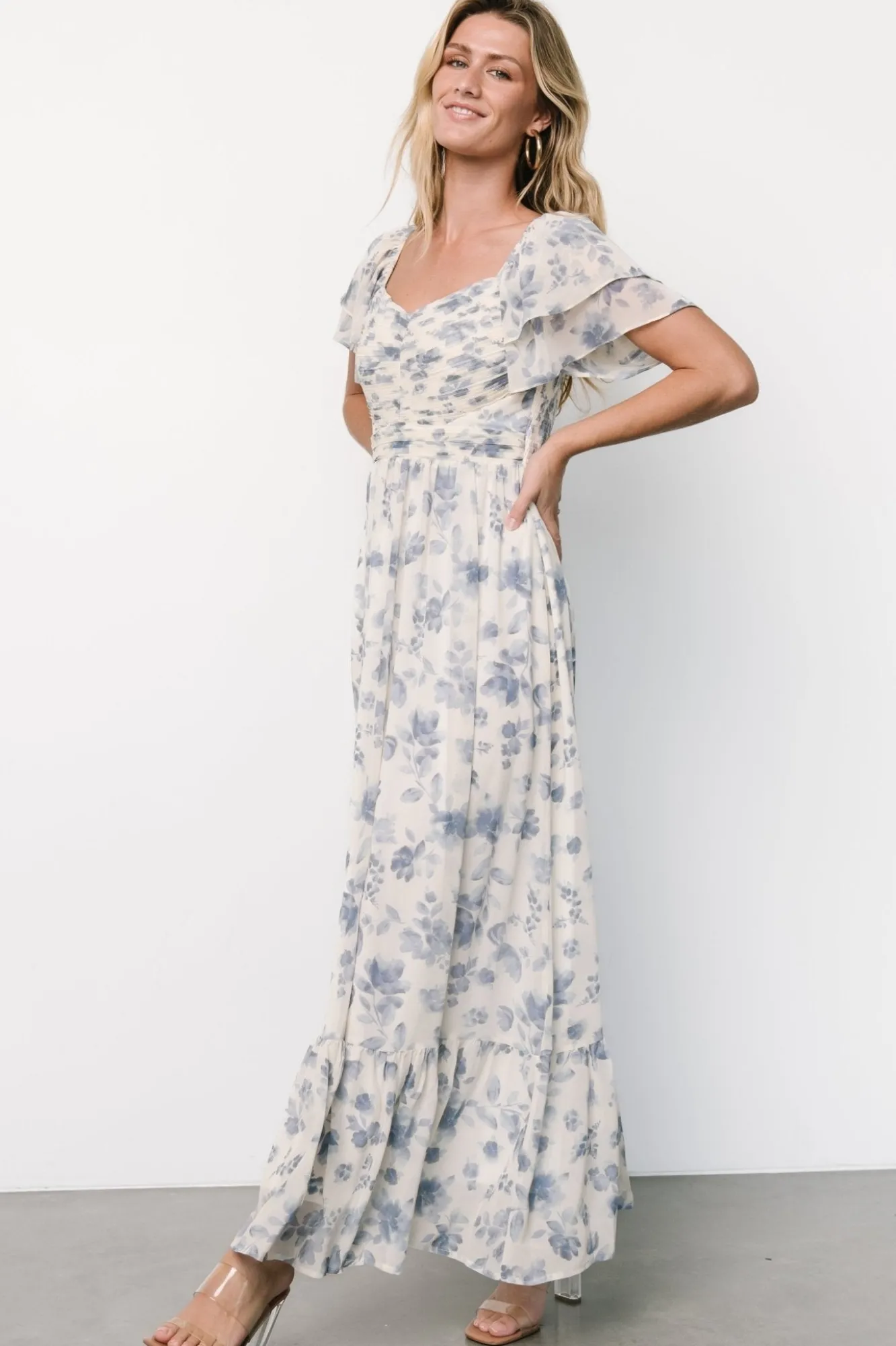 Baltic Born Juliana Pleated Top Dress | Ivory + Blue Floral