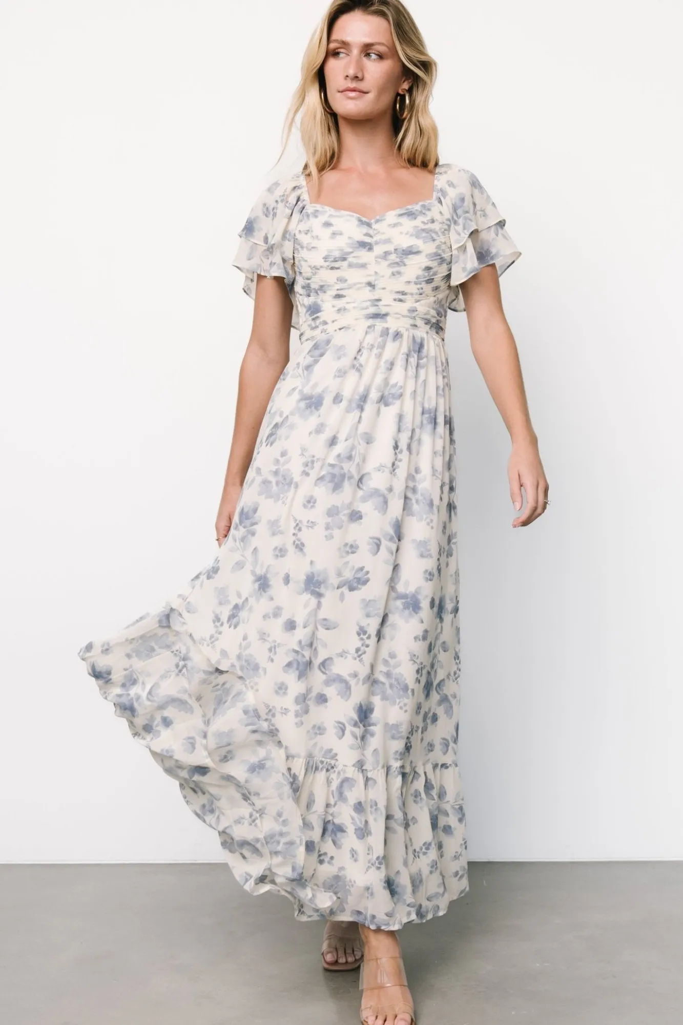 Baltic Born Juliana Pleated Top Dress | Ivory + Blue Floral