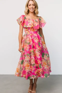 Baltic Born Kartini Off Shoulder Midi Dress | Fuchsia Multi
