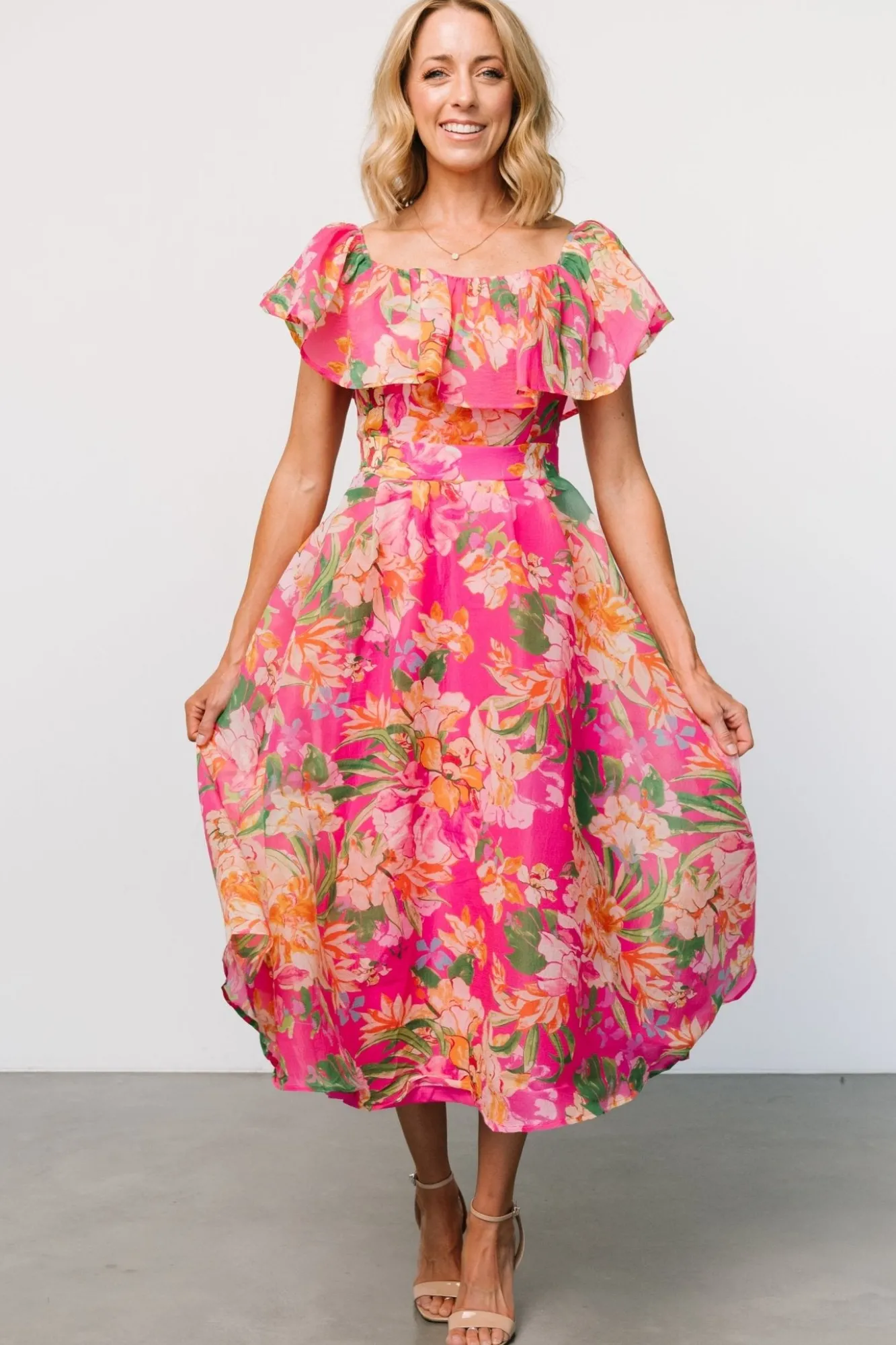 Baltic Born Kartini Off Shoulder Midi Dress | Fuchsia Multi