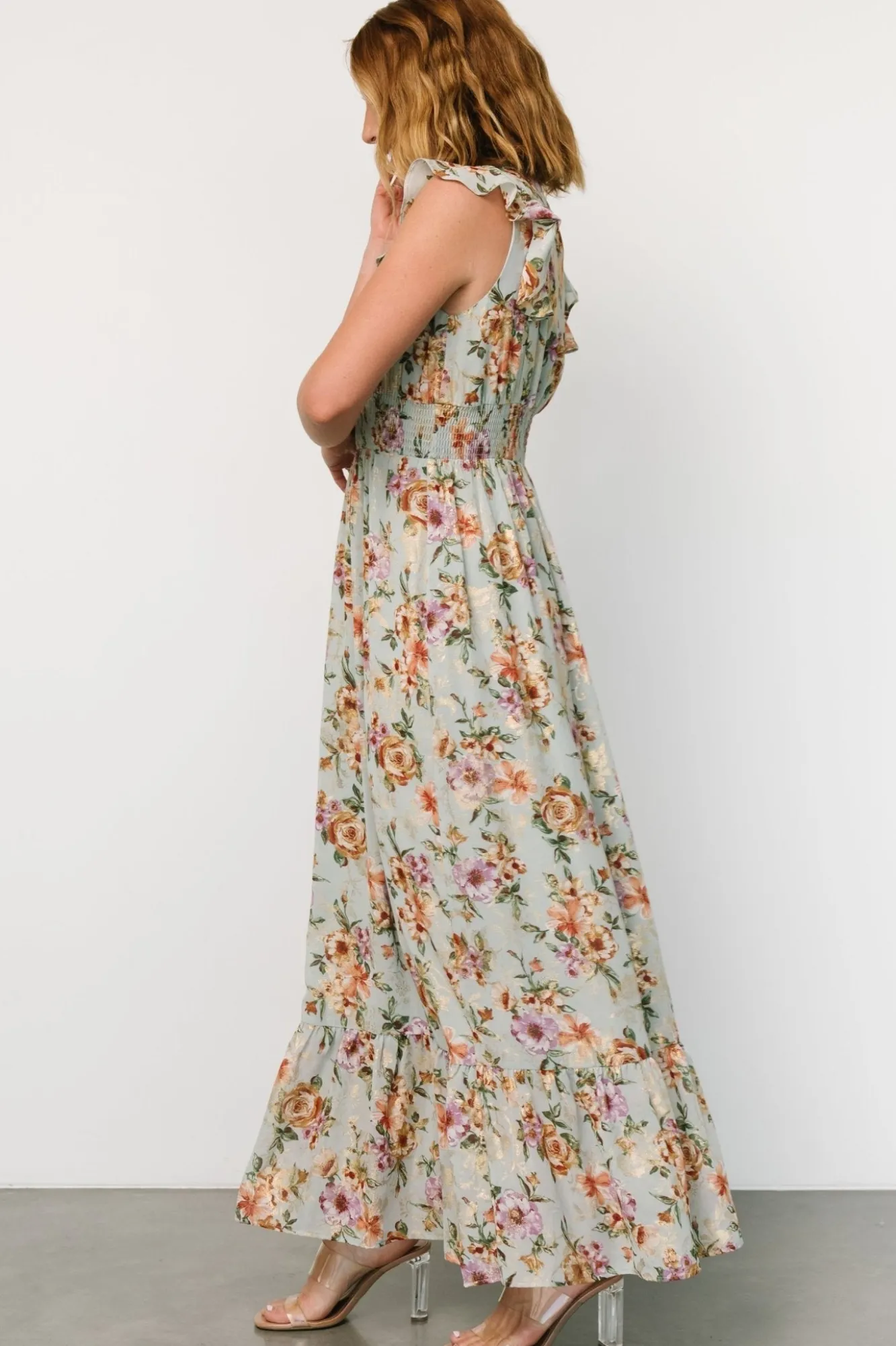 Baltic Born Kearny Ruffle Maxi Dress | Light Blue Floral + Gold