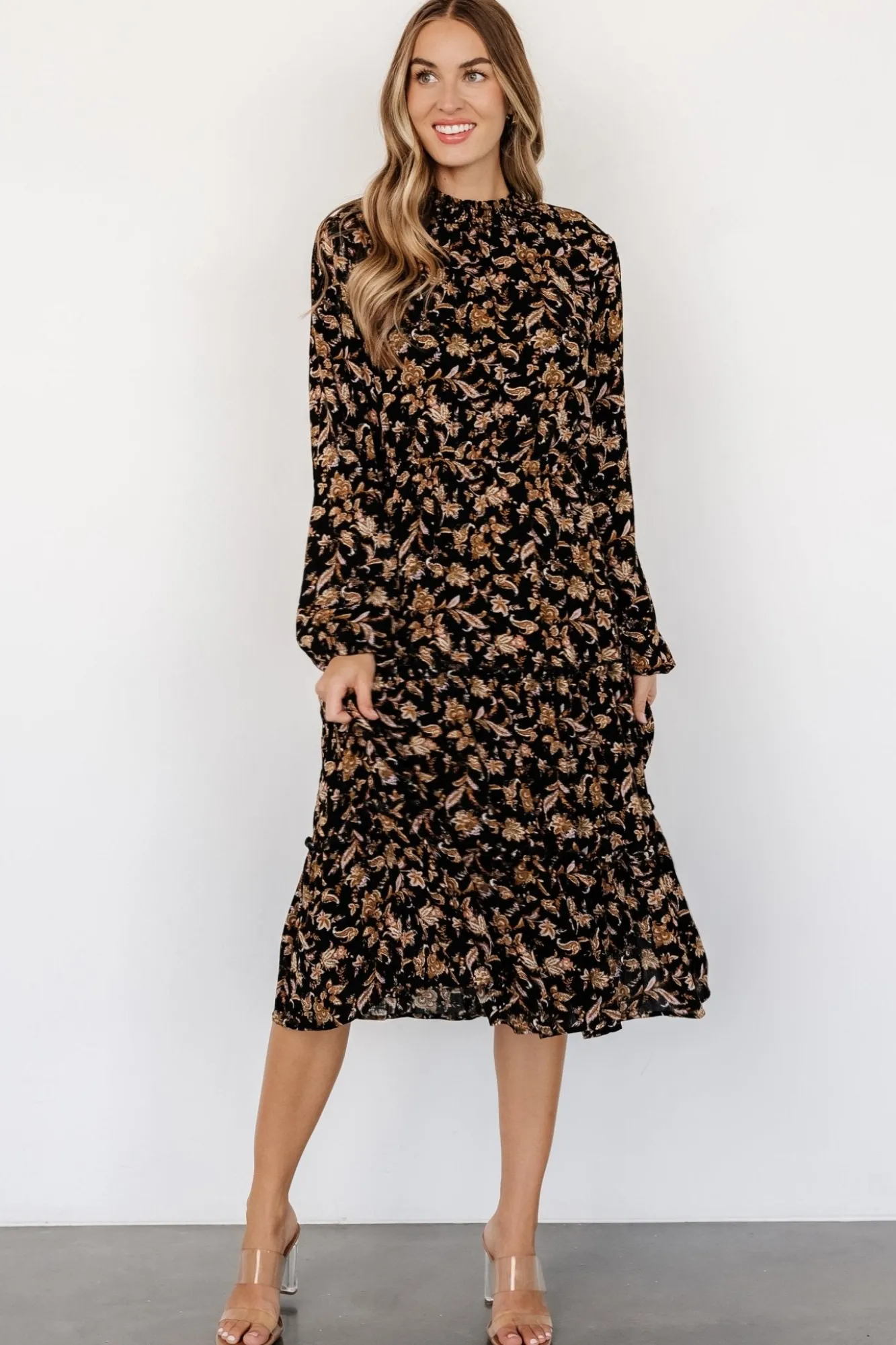 Baltic Born Kenice Mock Neck Dress | Black + Camel Print
