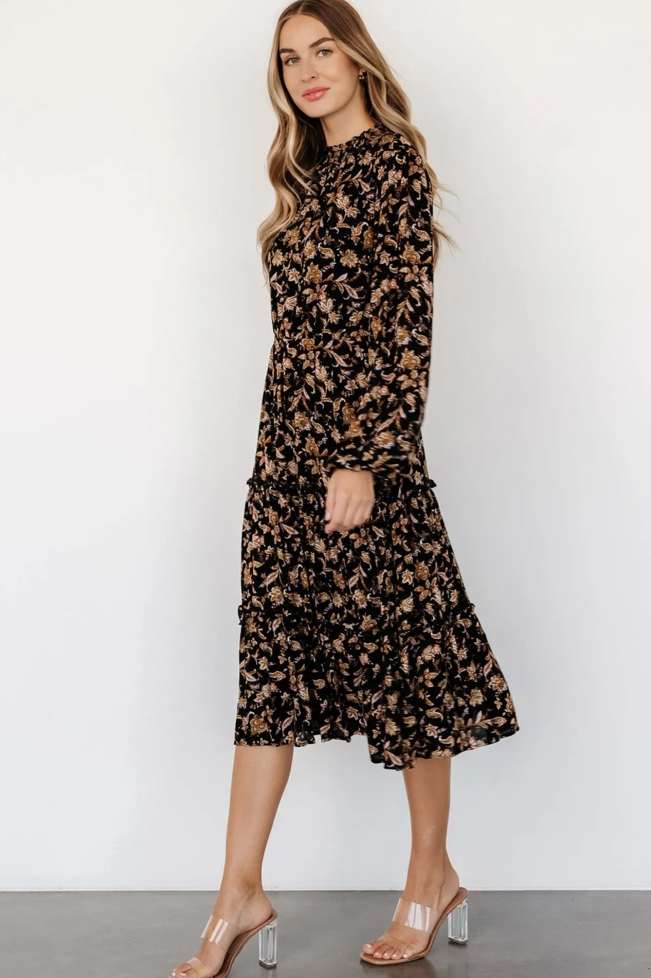 Baltic Born Kenice Mock Neck Dress | Black + Camel Print
