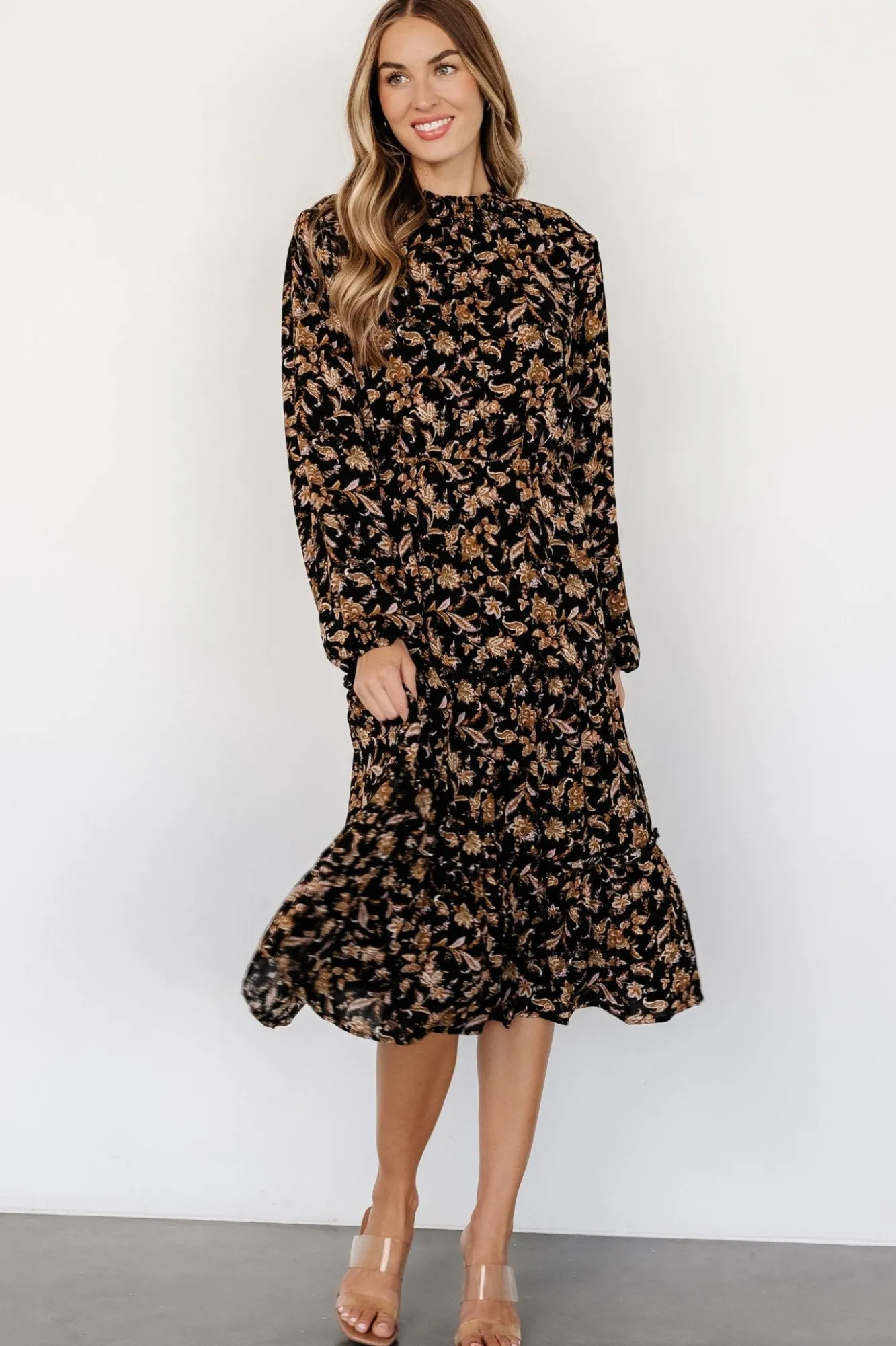Baltic Born Kenice Mock Neck Dress | Black + Camel Print
