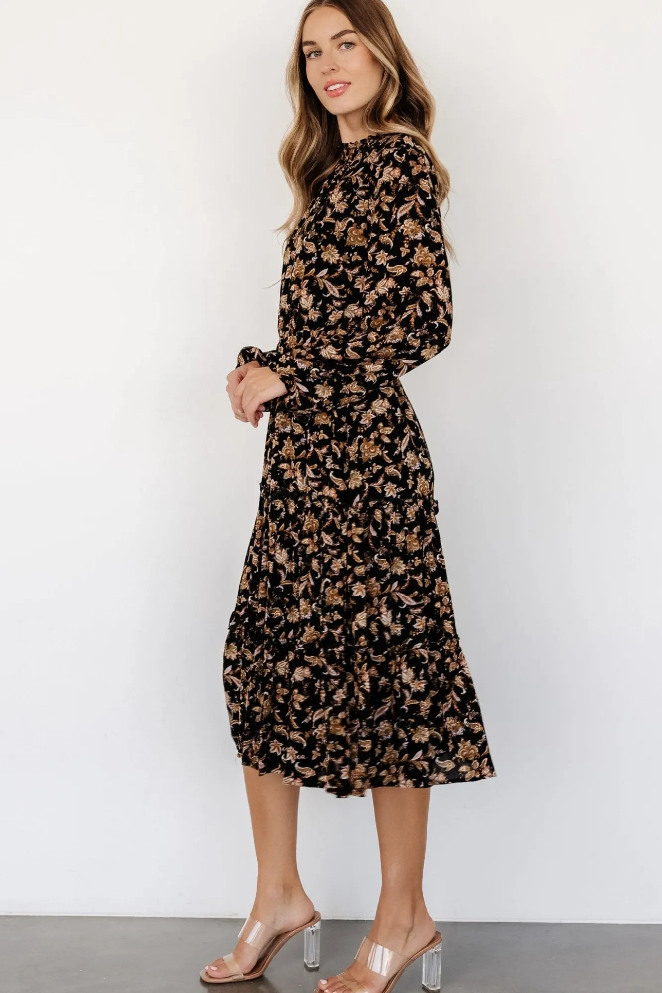 Baltic Born Kenice Mock Neck Dress | Black + Camel Print