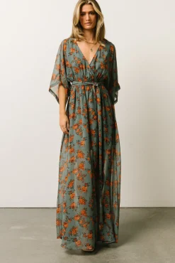 Baltic Born Kia Kimono Maxi Dress | Dusty Blue Floral