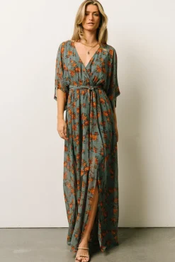 Baltic Born Kia Kimono Maxi Dress | Dusty Blue Floral
