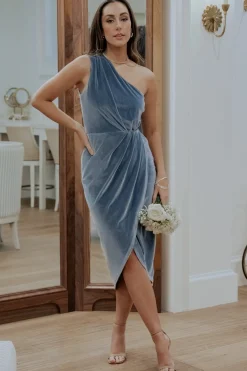Baltic Born Kourtney Velvet One Shoulder Midi Dress | Dusty Blue