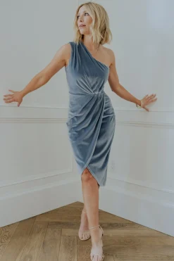 Baltic Born Kourtney Velvet One Shoulder Midi Dress | Dusty Blue