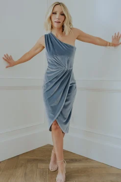 Baltic Born Kourtney Velvet One Shoulder Midi Dress | Dusty Blue