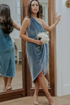 Baltic Born Kourtney Velvet One Shoulder Midi Dress | Dusty Blue