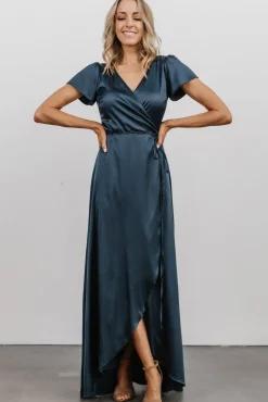 Baltic Born Krystal Satin Wrap Gown | Deep Blue