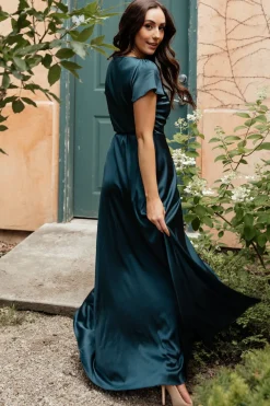 Baltic Born Krystal Satin Wrap Gown | Deep Blue