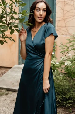 Baltic Born Krystal Satin Wrap Gown | Deep Blue