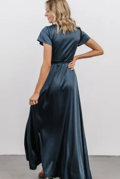 Baltic Born Krystal Satin Wrap Gown | Deep Blue