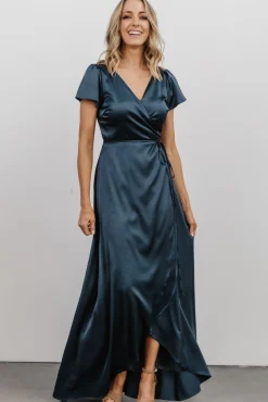 Baltic Born Krystal Satin Wrap Gown | Deep Blue
