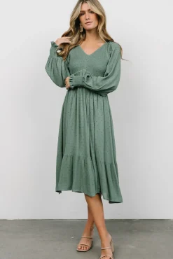 Baltic Born Lainey Smocked Dotted Midi Dress | Dark Sage