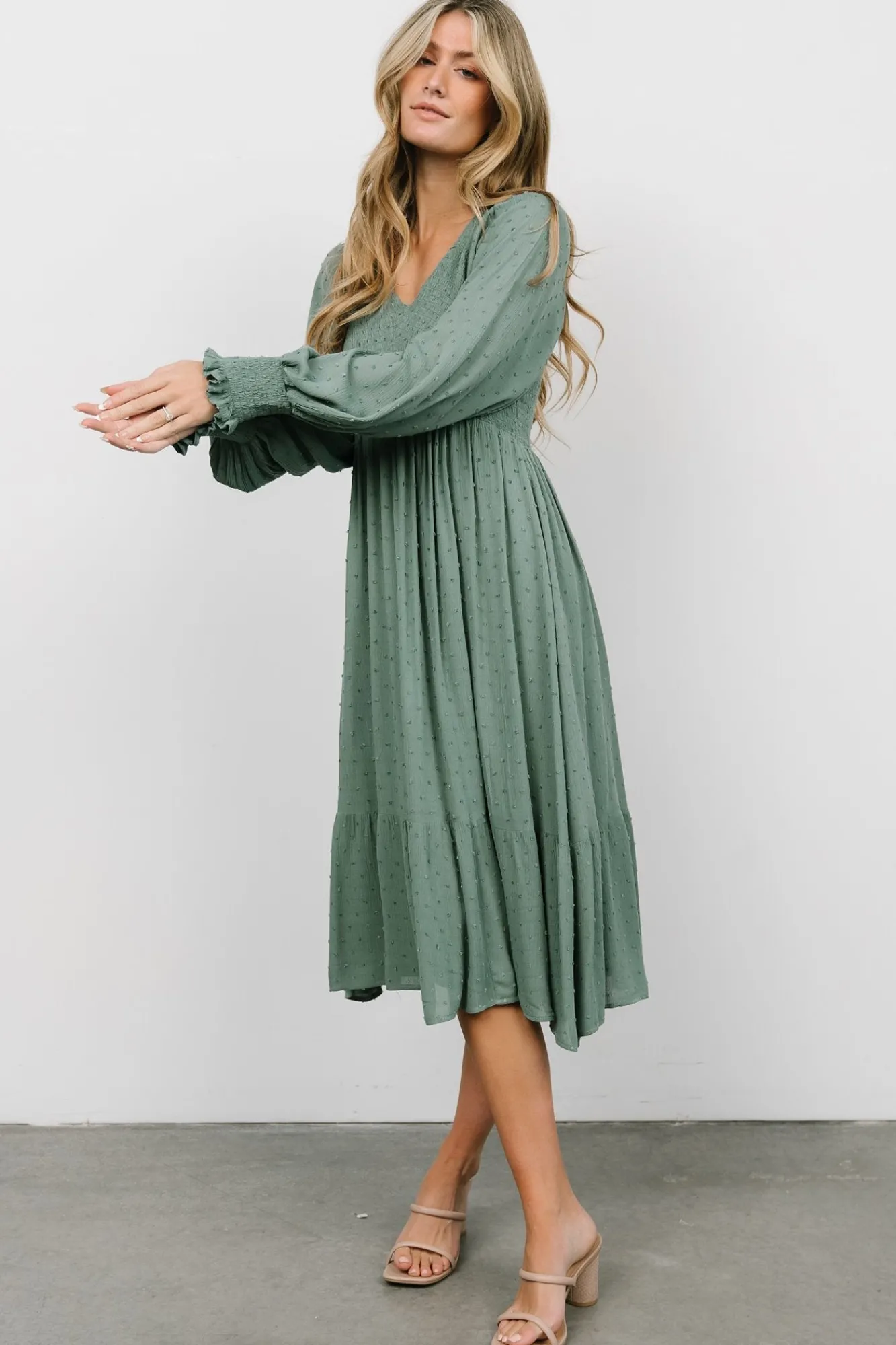 Baltic Born Lainey Smocked Dotted Midi Dress | Dark Sage