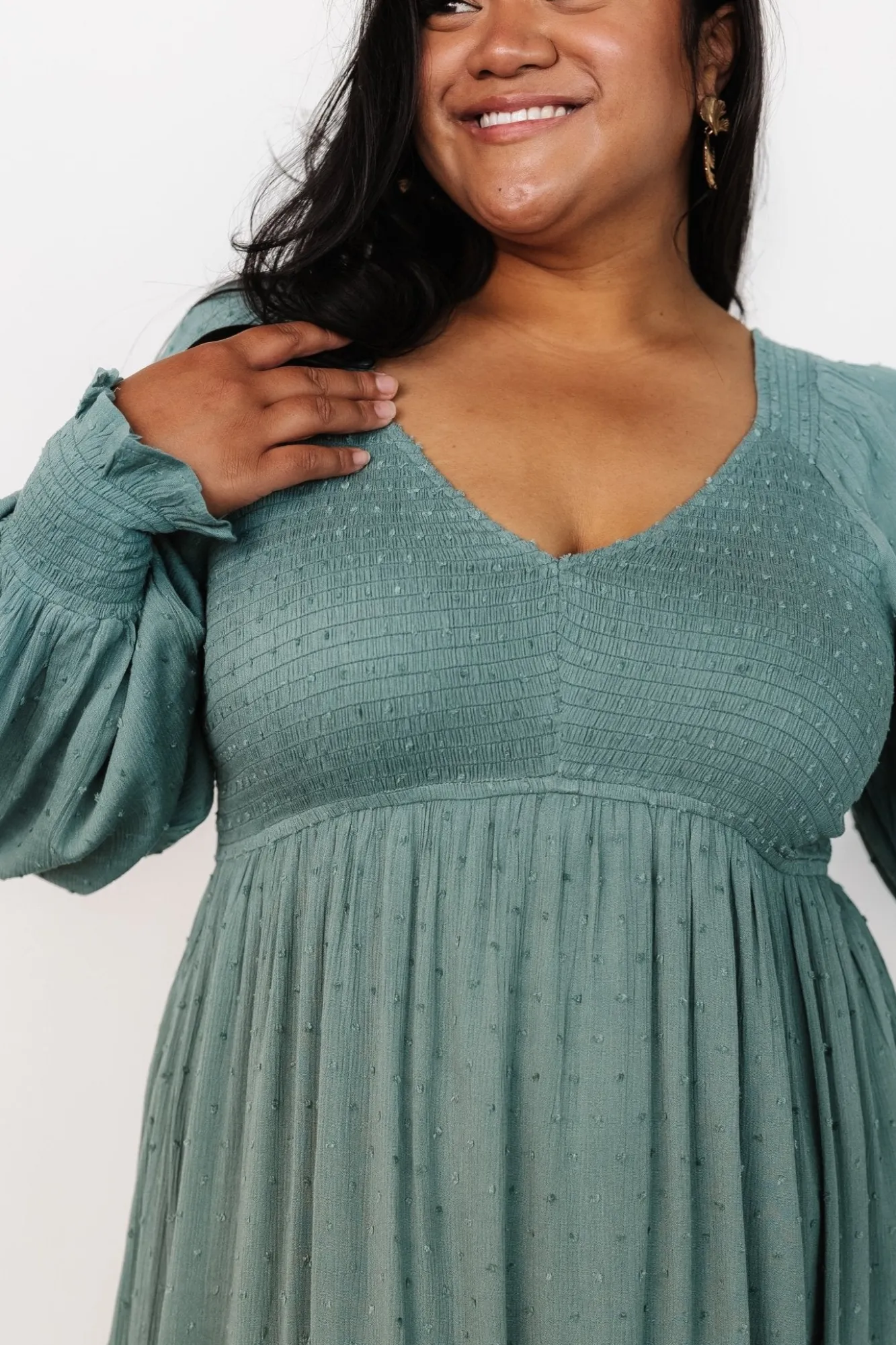Baltic Born Lainey Smocked Dotted Midi Dress | Dark Sage