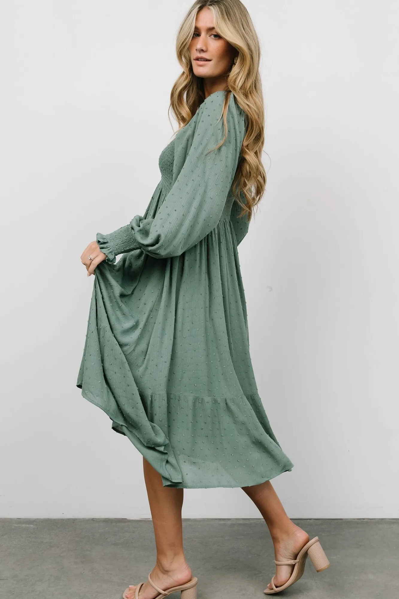 Baltic Born Lainey Smocked Dotted Midi Dress | Dark Sage
