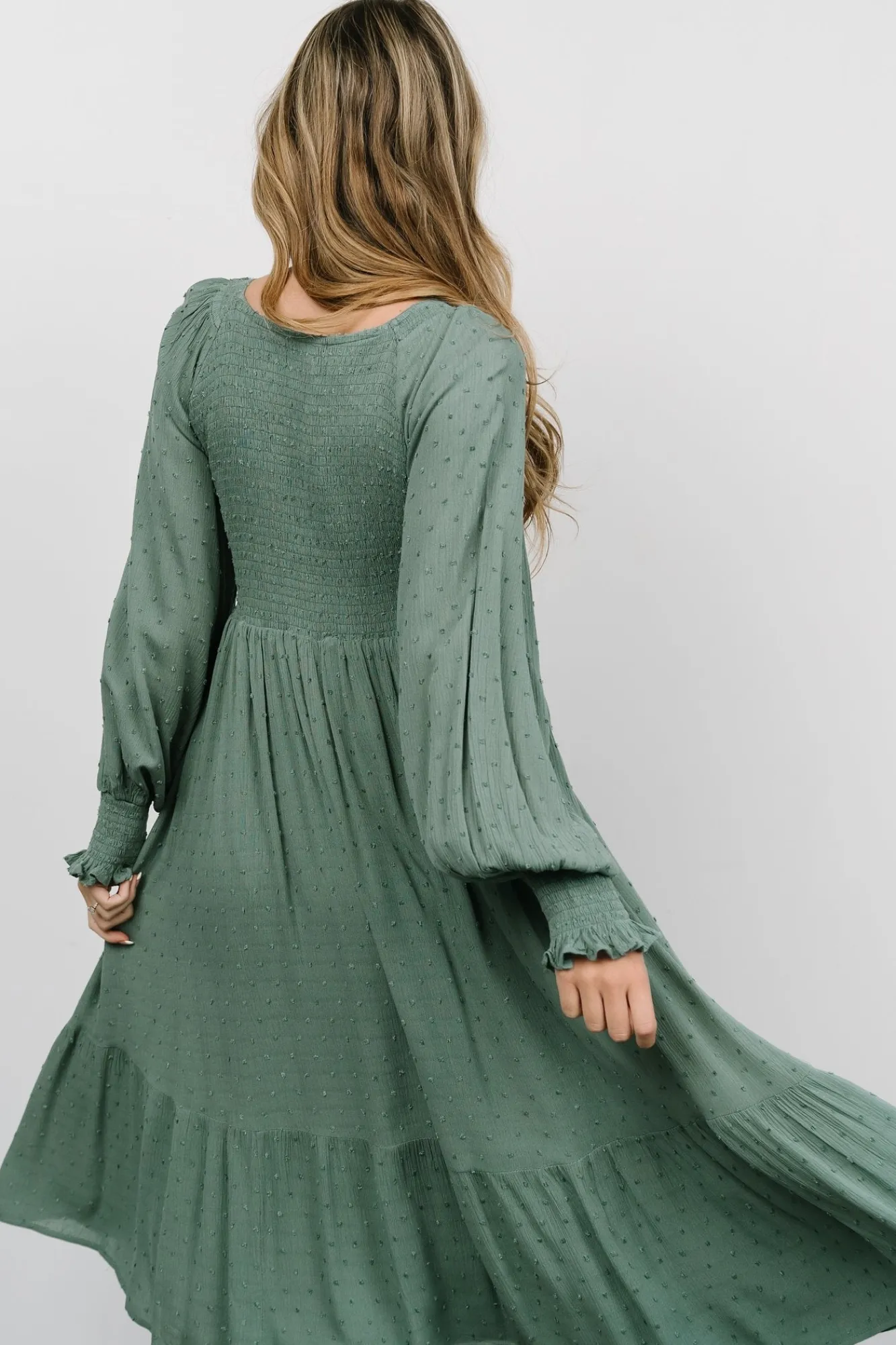 Baltic Born Lainey Smocked Dotted Midi Dress | Dark Sage