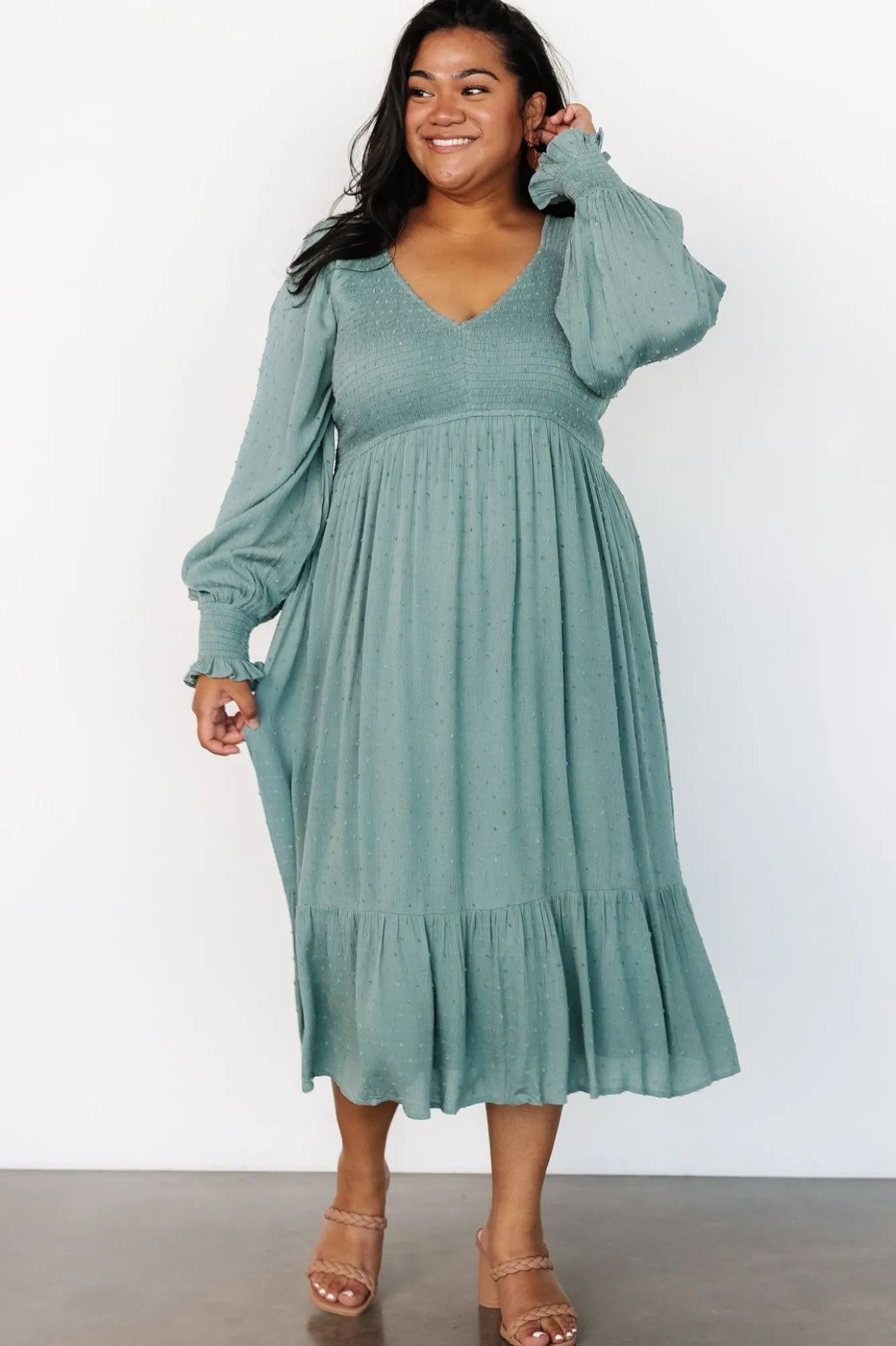 Baltic Born Lainey Smocked Dotted Midi Dress | Dark Sage