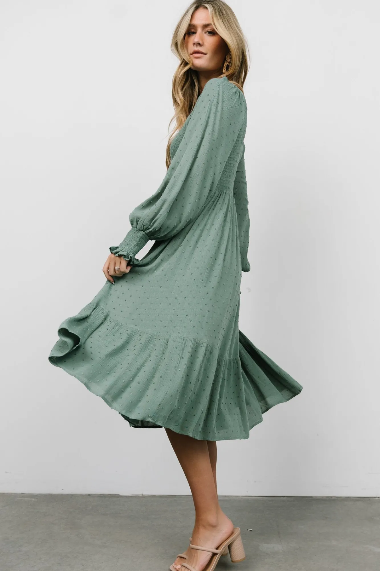 Baltic Born Lainey Smocked Dotted Midi Dress | Dark Sage