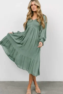 Baltic Born Lainey Smocked Dotted Midi Dress | Dark Sage