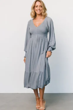 Baltic Born Lainey Smocked Dotted Midi Dress | Dusty Blue