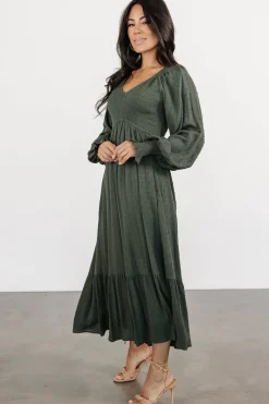 Baltic Born Lainey Smocked Dotted Midi Dress | Deep Olive