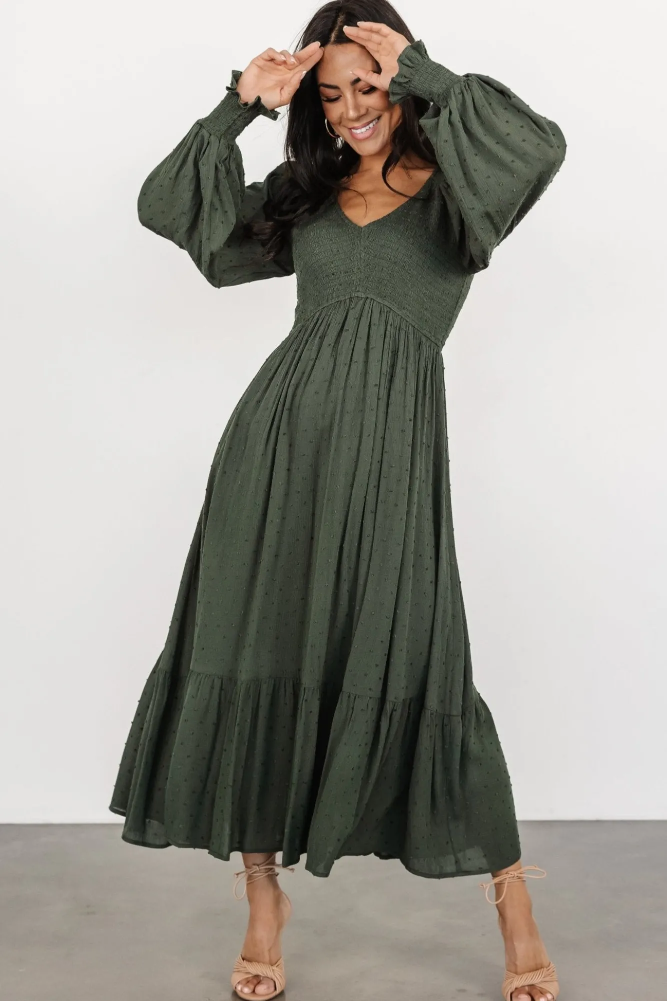 Baltic Born Lainey Smocked Dotted Midi Dress | Deep Olive