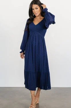 Baltic Born Lainey Smocked Dotted Midi Dress | Midnight Blue