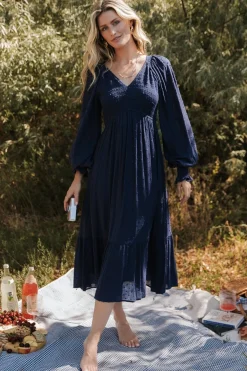 Baltic Born Lainey Smocked Dotted Midi Dress | Midnight Blue