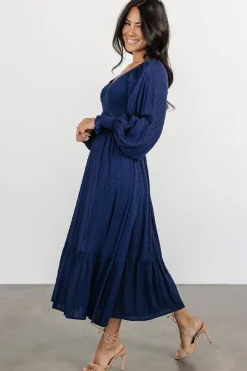 Baltic Born Lainey Smocked Dotted Midi Dress | Midnight Blue
