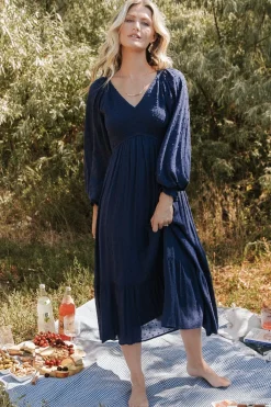 Baltic Born Lainey Smocked Dotted Midi Dress | Midnight Blue