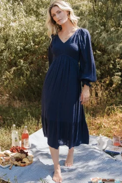 Baltic Born Lainey Smocked Dotted Midi Dress | Midnight Blue