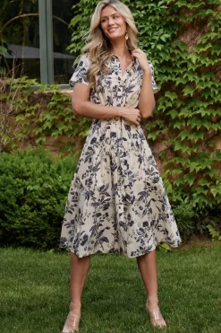 Baltic Born Lorna Midi Dress | Beige + Navy Print