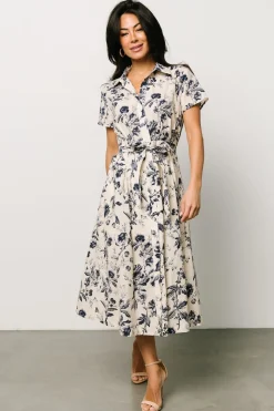Baltic Born Lorna Midi Dress | Beige + Navy Print