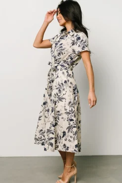 Baltic Born Lorna Midi Dress | Beige + Navy Print