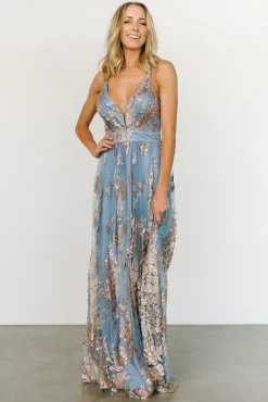 Baltic Born Lucienne Shimmer Maxi Gown | Light Blue + Rose Gold