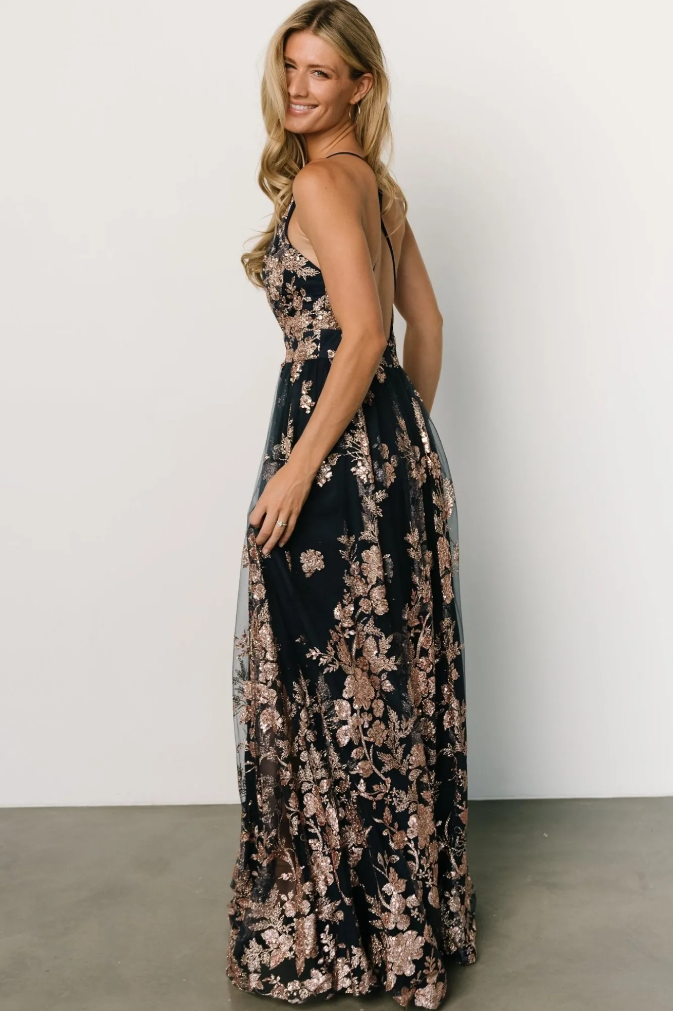 Baltic Born Lucienne Shimmer Maxi Gown | Navy + Rose Gold