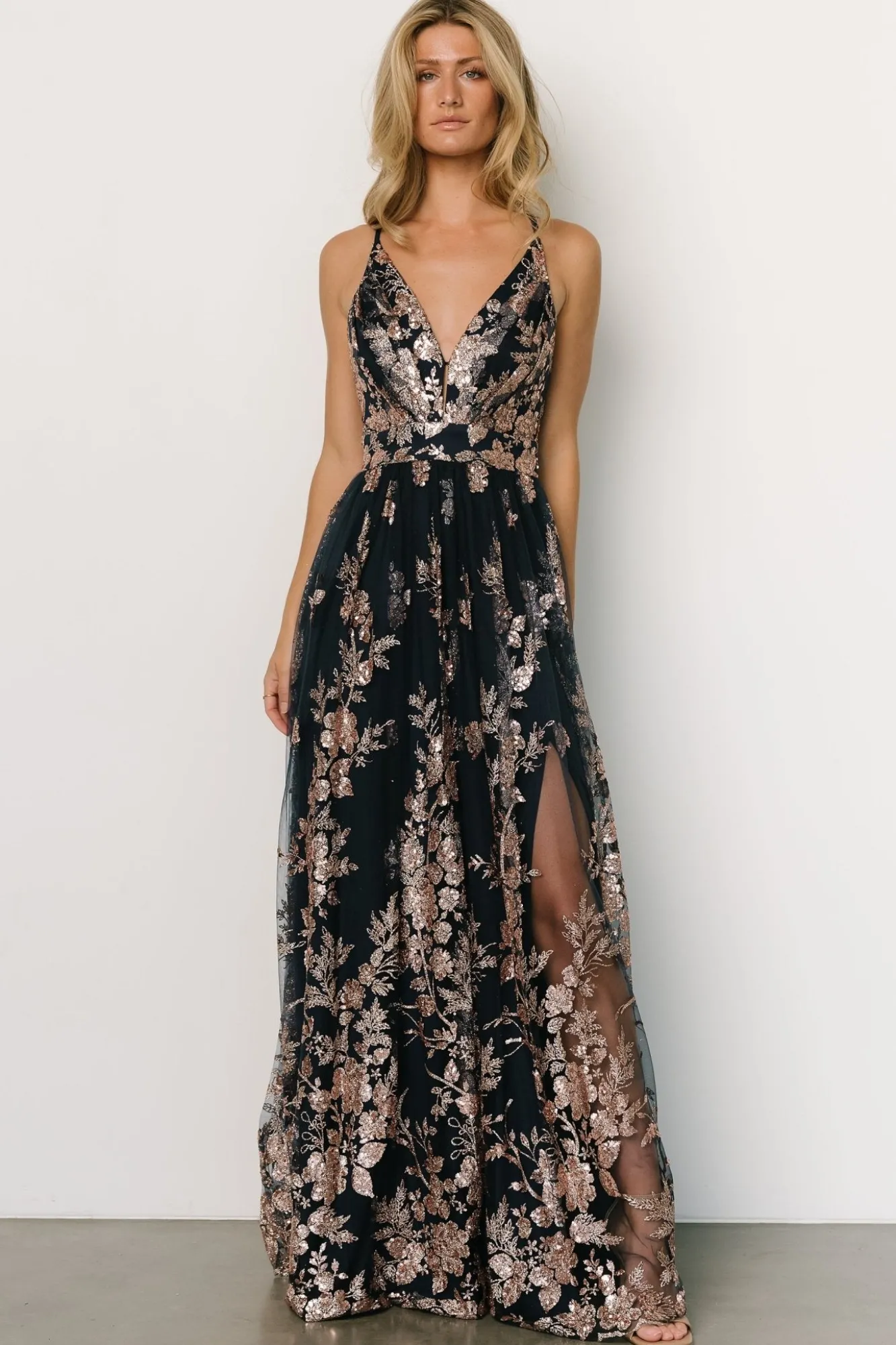 Baltic Born Lucienne Shimmer Maxi Gown | Navy + Rose Gold