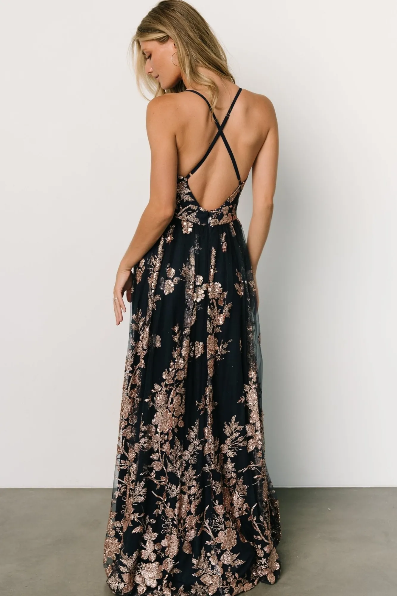 Baltic Born Lucienne Shimmer Maxi Gown | Navy + Rose Gold